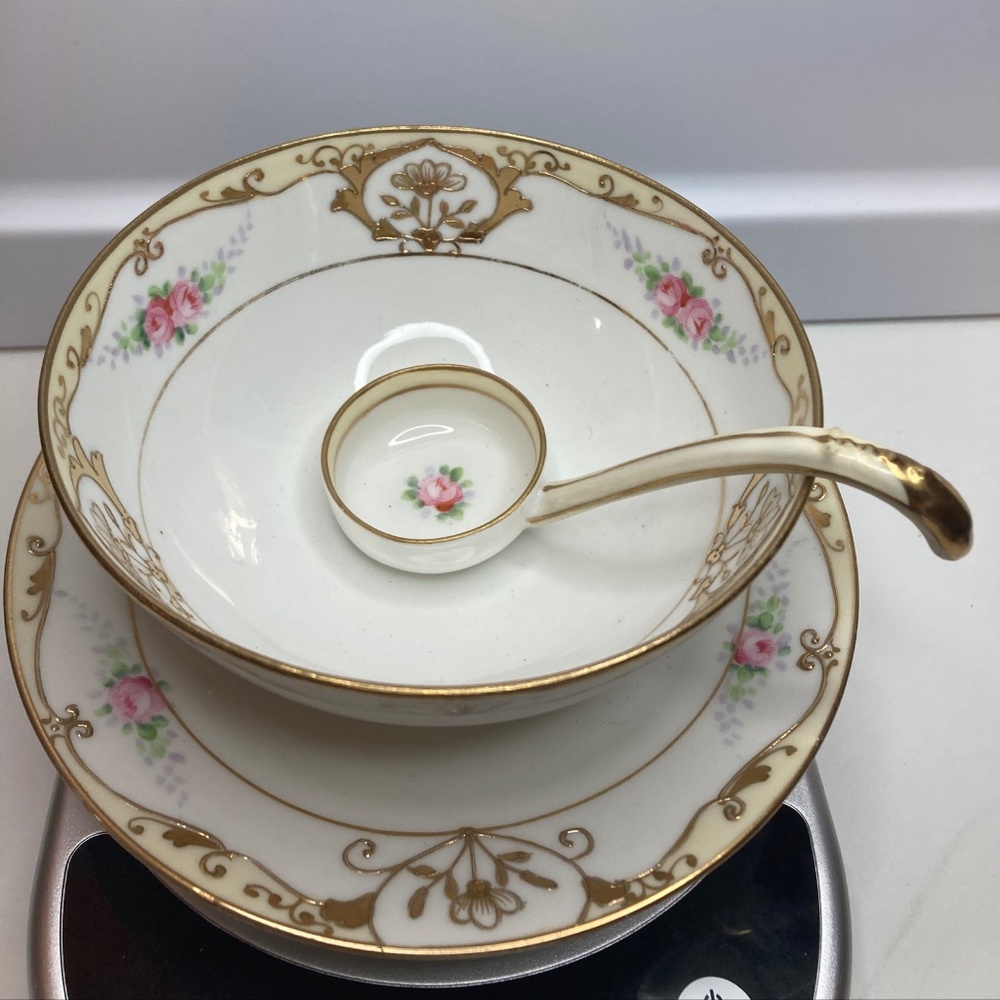 Gold & Floral Hand Painted Mayo Bowl Saucer Ladle Set 3 Piece Nippon M in Wreath